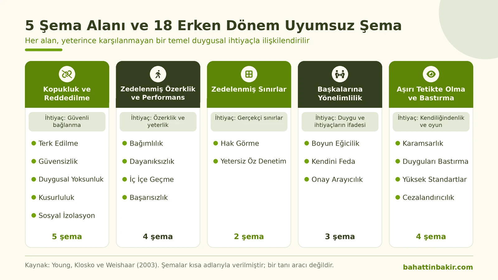 Şema terapideki beş şema alanı, her alanın ilişkili olduğu temel ihtiyaç ve alanlardaki on sekiz erken dönem uyumsuz şema