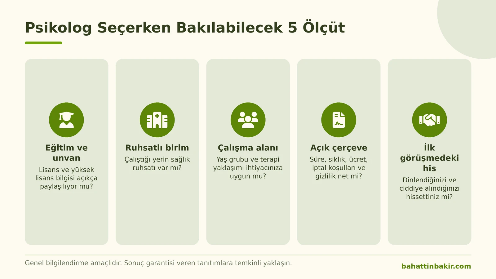 Psikolog seçerken bakılabilecek beş ölçüt: eğitim ve unvan, ruhsatlı birim, çalışma alanı, açık çerçeve ve ilk görüşmedeki his