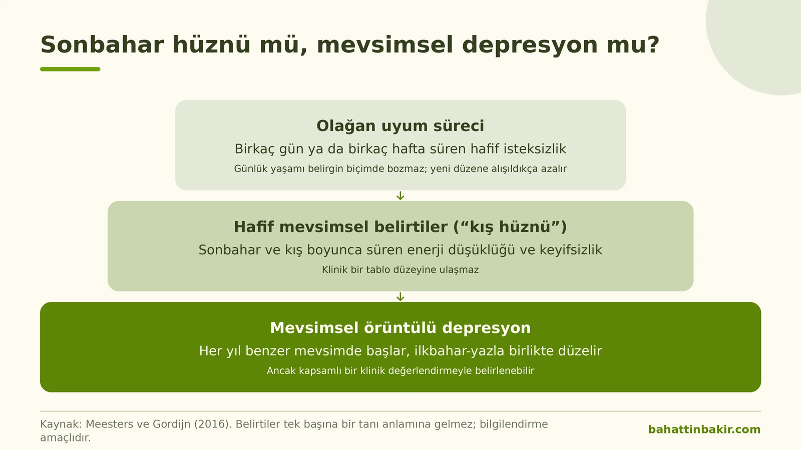 Olağan uyum süreci, kış hüznü ve mevsimsel örüntülü depresyon arasındaki farkı üç basamakta gösteren bilgi grafiği