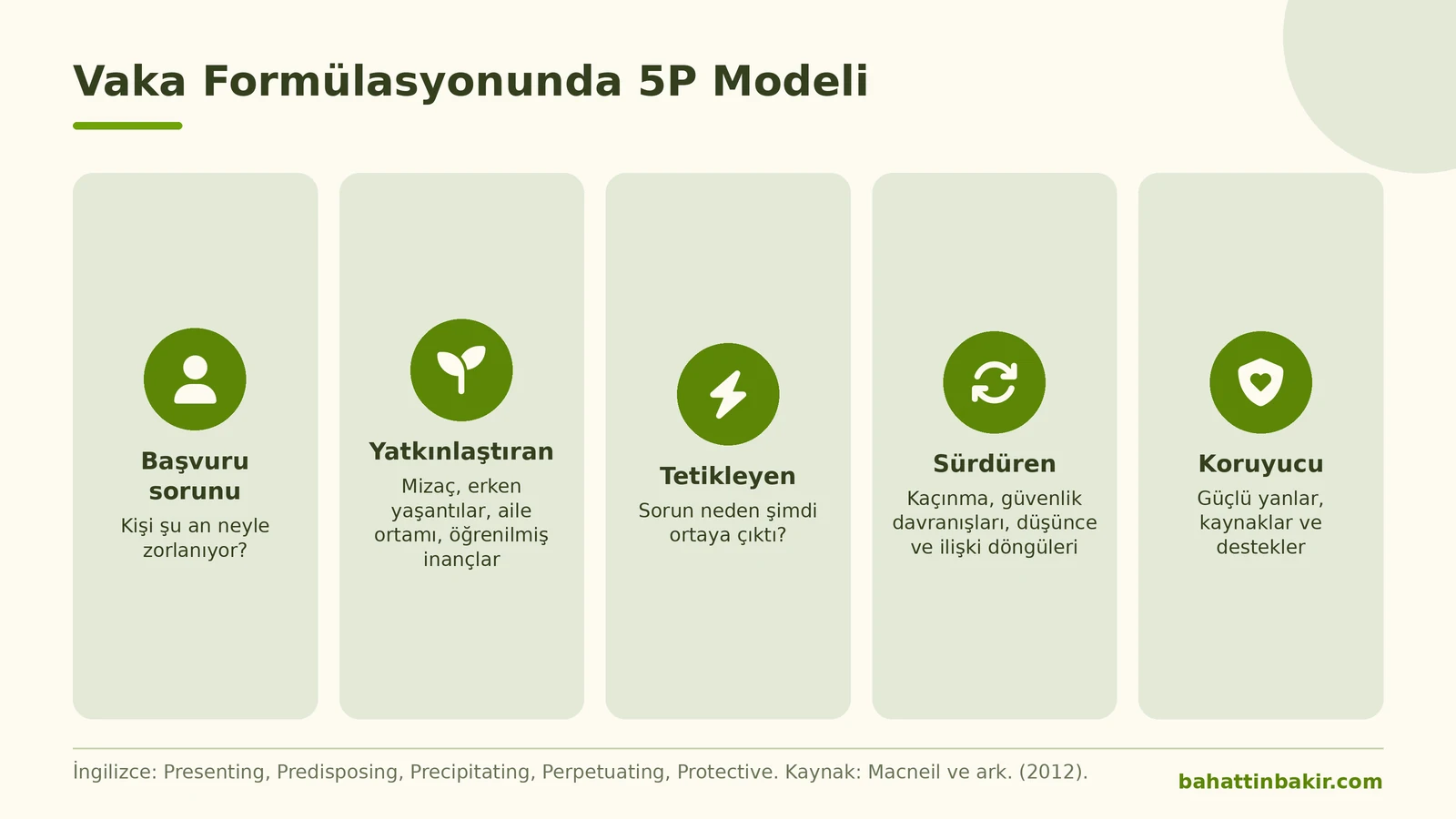 Vaka formülasyonunda 5P modelini gösteren bilgi grafiği: başvuru sorunu, yatkınlaştıran, tetikleyen, sürdüren ve koruyucu etkenler